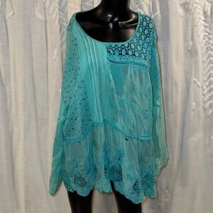 Johnny Was Embroidered Crochet Lace Caftan Tunic Top - Size L